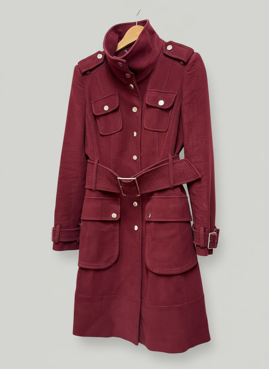 KAREN MILLEN - Burgundy Size 12 Belted Funnel Neck Trench Coat