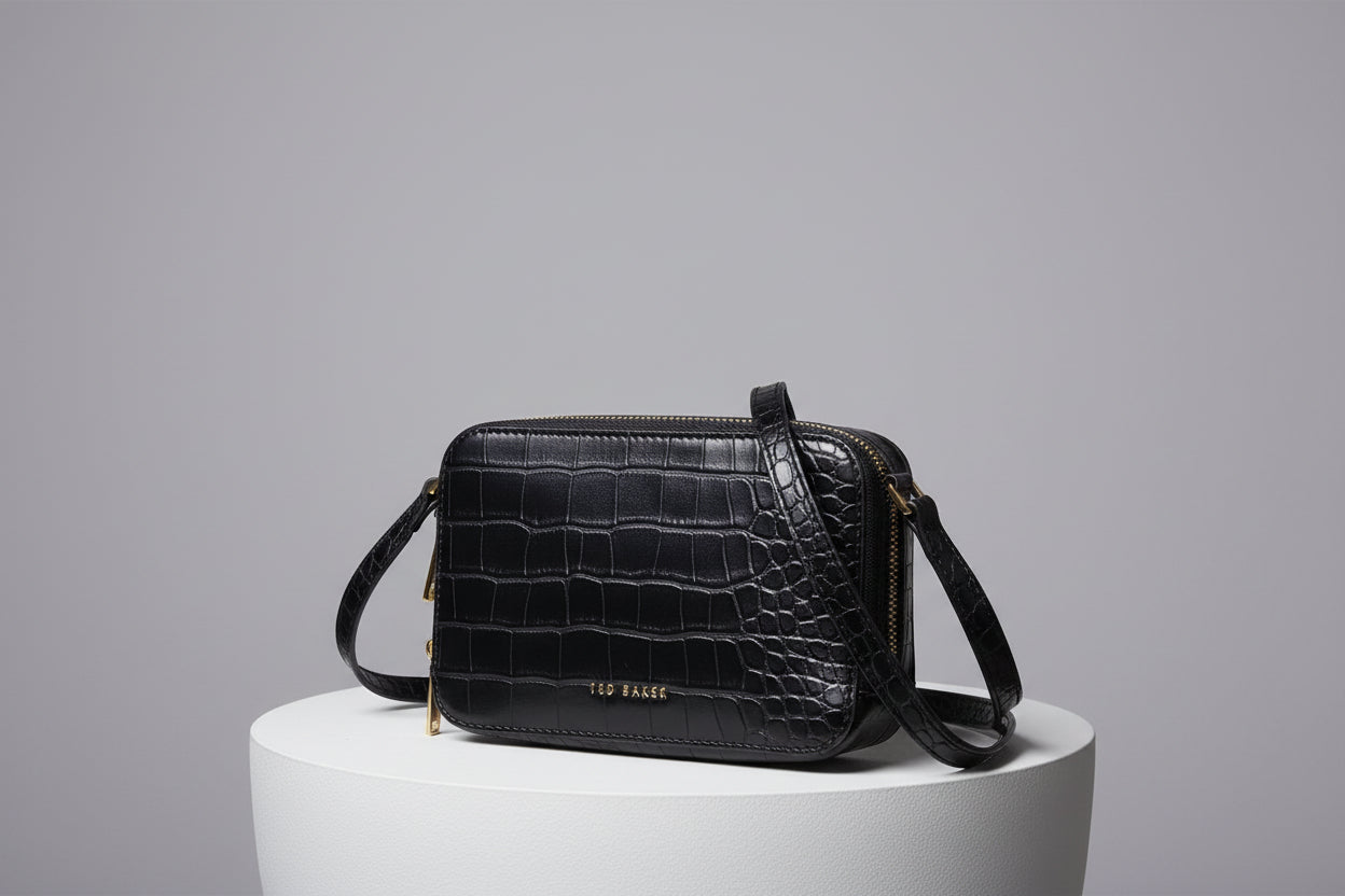 New Ted Baker Black Croc Zipped Gold Hardware Shoulder Cross-Body Bag Handbag