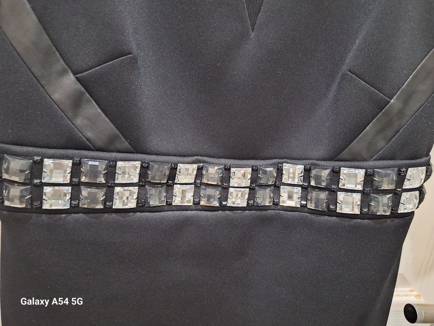 New M&S Black Bodycon Dress UK 12 EU 40 Diamante Neck & Waistline - Midi Fitted Formal