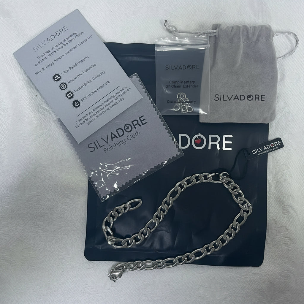 Silvadore 9mm Figaro Mens Necklace - 24" Stainless Steel Silver Chain & 2" Chain Extender