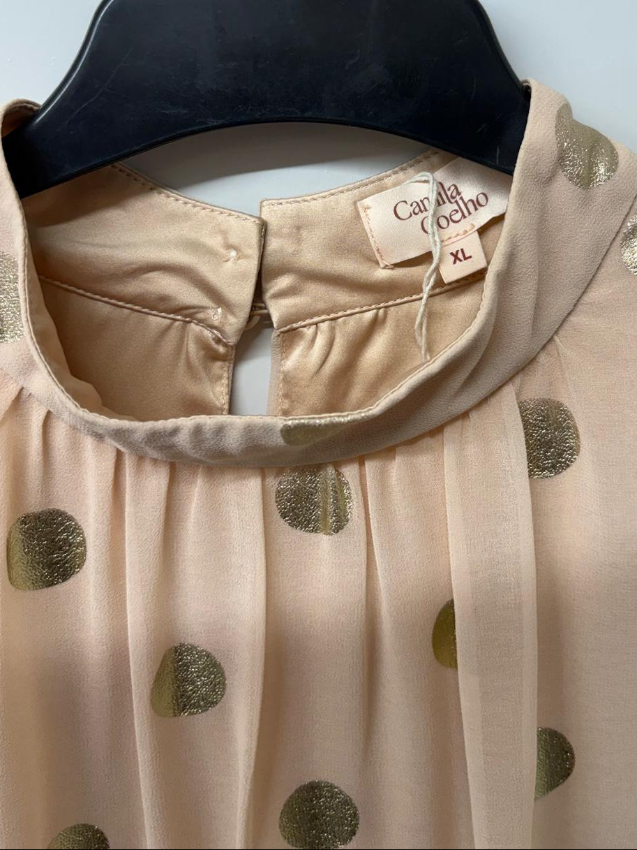 Camila Coelho Nude Pink Gold Polka-Dot Smock Dress Waist-Tie Ruffle Sleeves - Size Extra Large - GOOD USED CONDITION