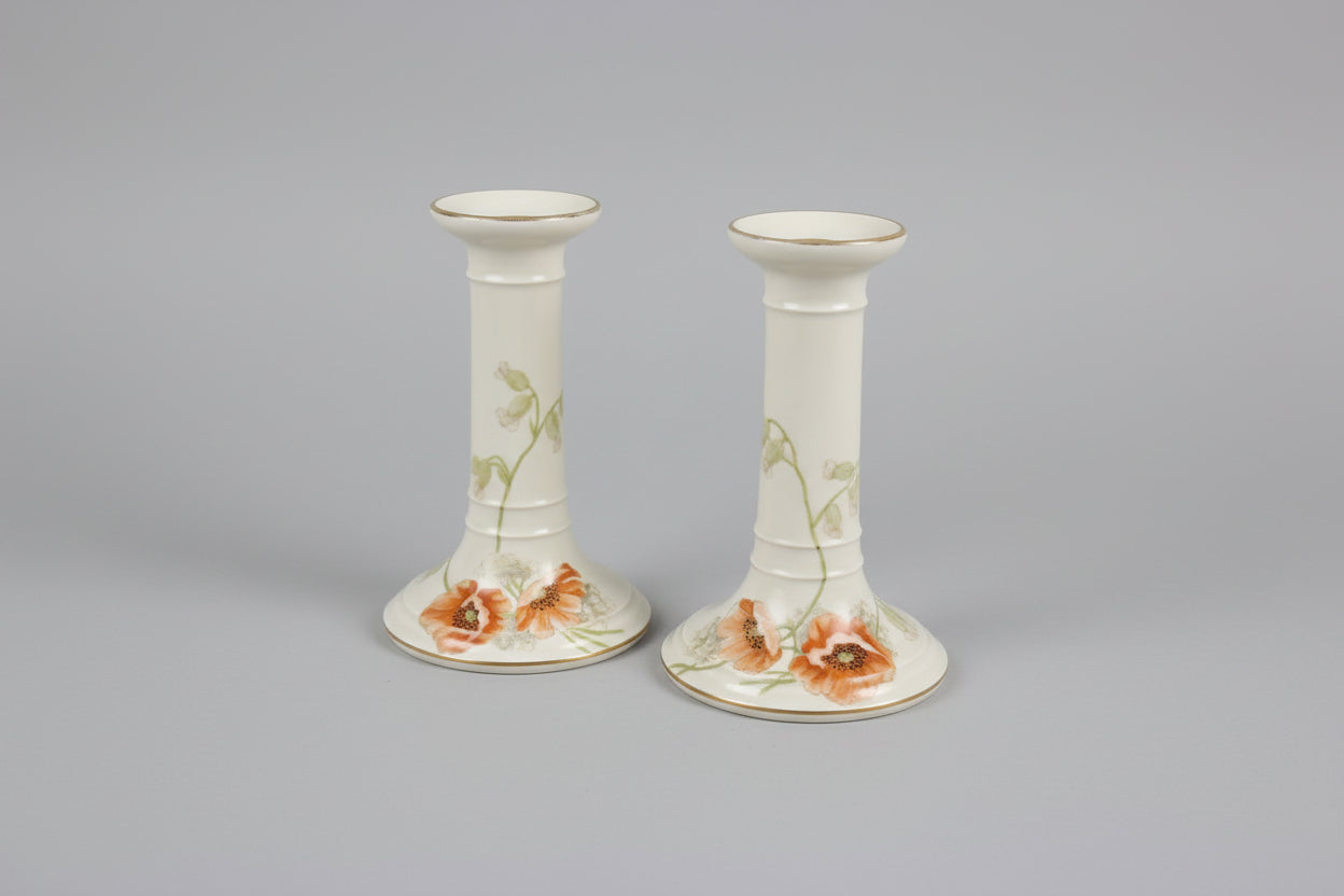 Pair 2 x Antique Limoges France Painted Poppy Candle Holders - Floral Design candle - USED GOOD CONDITION