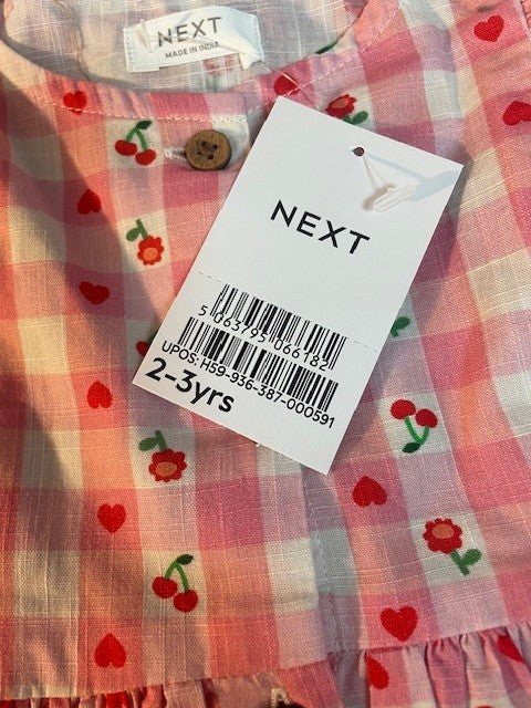 Girls Age 2 -3 Girls - Pretty Pink & White Floral Cotton Dress - Brand New