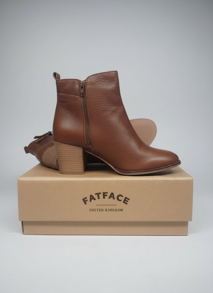 BNIB Fat Face Acorn Brown Ankle Boots UK 8 EU 41 Leather Heeled Zipped £75