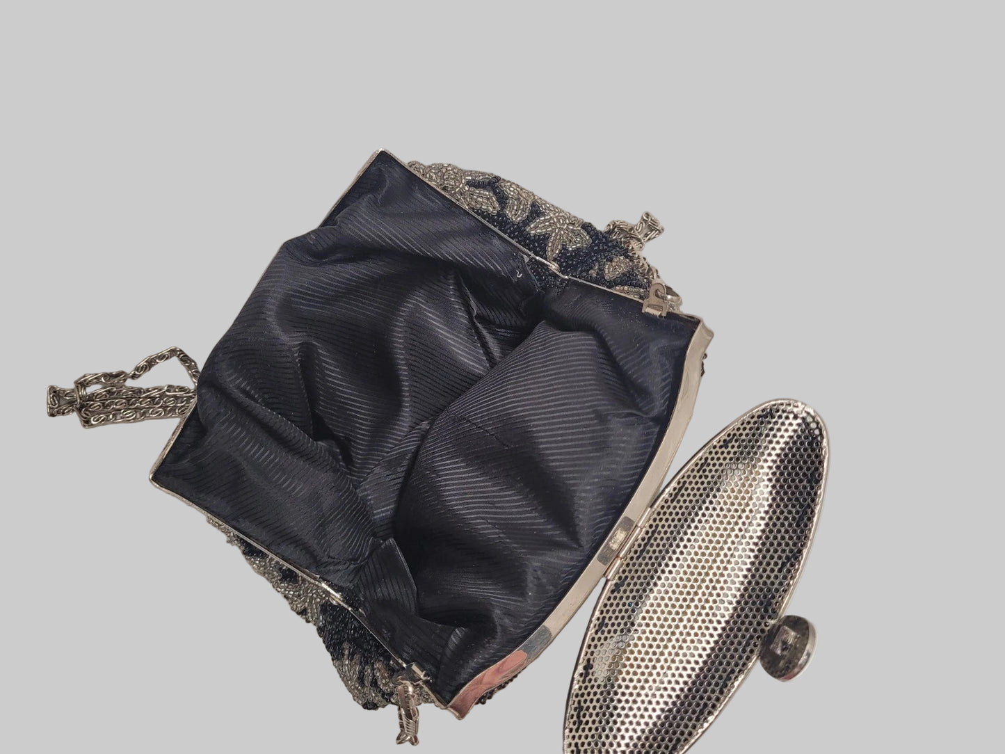 Black & White Women's Vintage Beaded Bag Silver Chain Long Strap