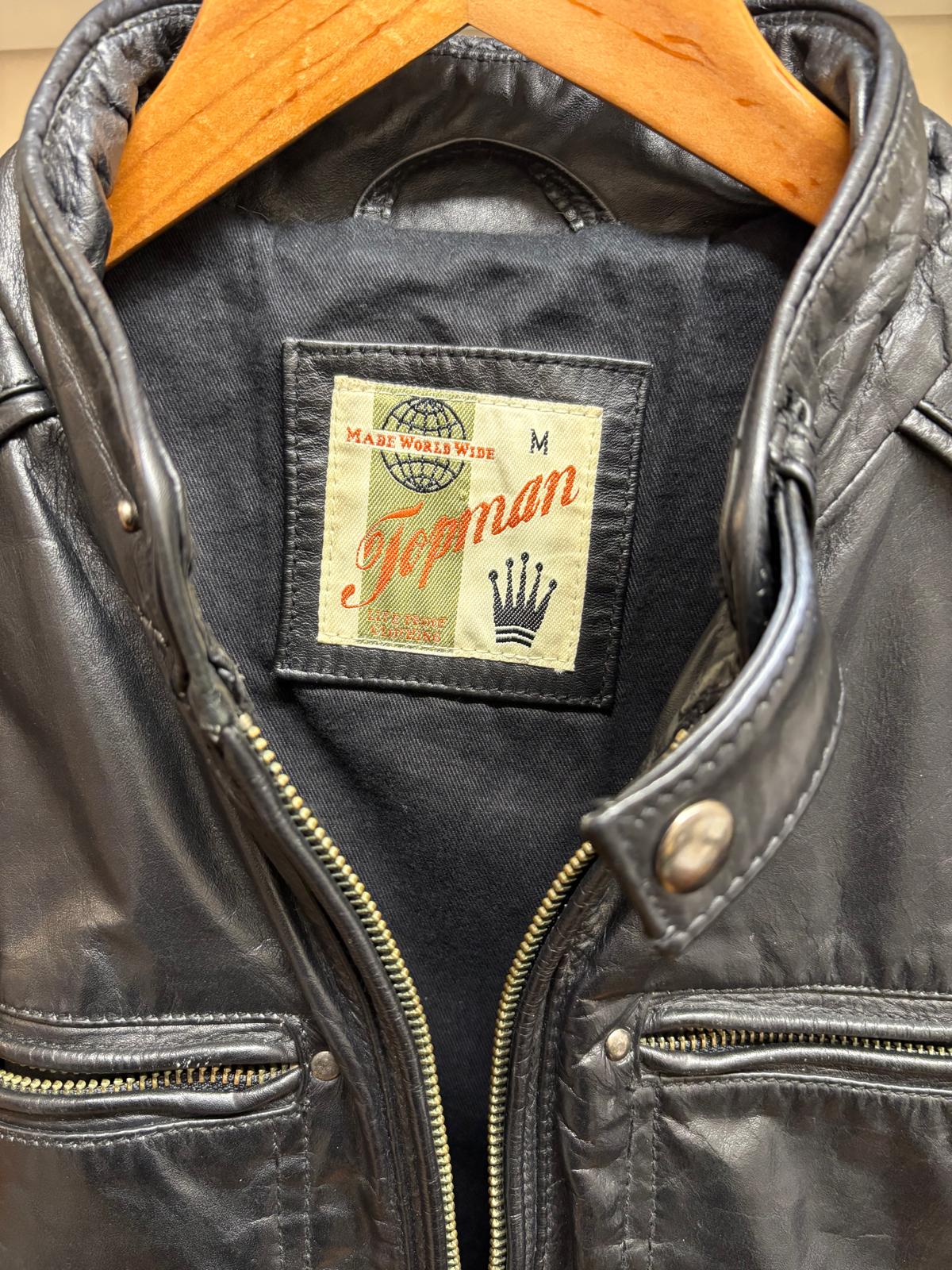 Vintage Topman Leather Black Bomber Jacket Size Medium (M) - GOOD USED CONDITION