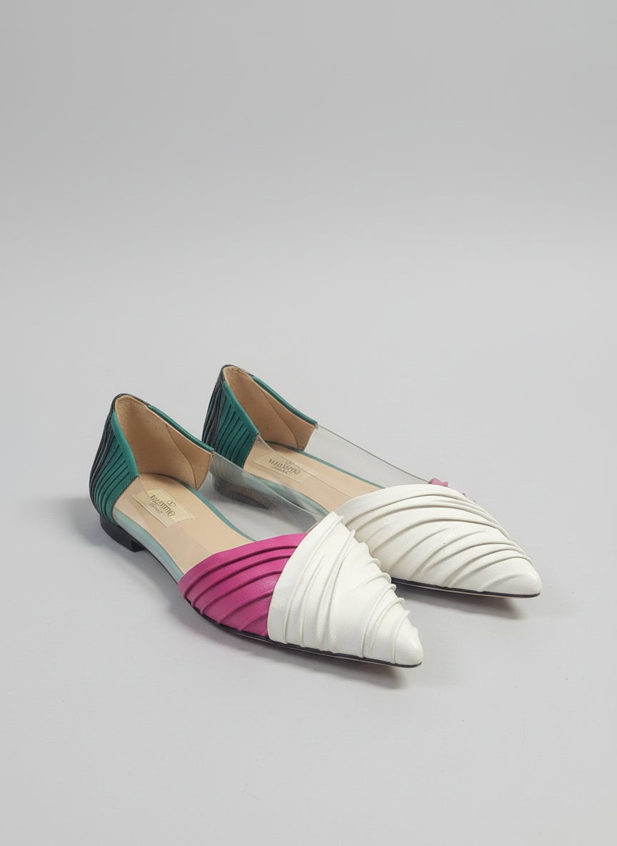Valentino Multicolour Leather PVC Ruched Flats UK 6 EU 39 Pink White Green Pumps