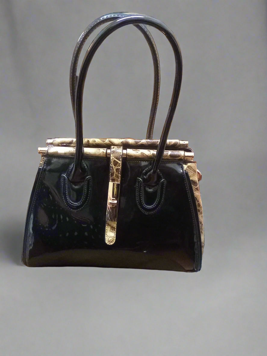 Moda Black Patent Handbag Gold Hardware Double Handle Animal Print