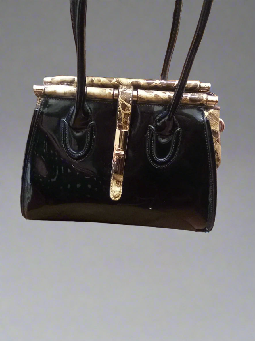 Moda Black Patent Handbag Gold Hardware Double Handle Animal Print