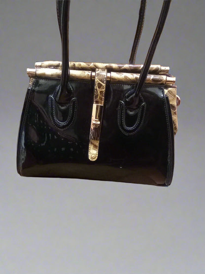 Moda Black Patent Handbag Gold Hardware Double Handle Animal Print