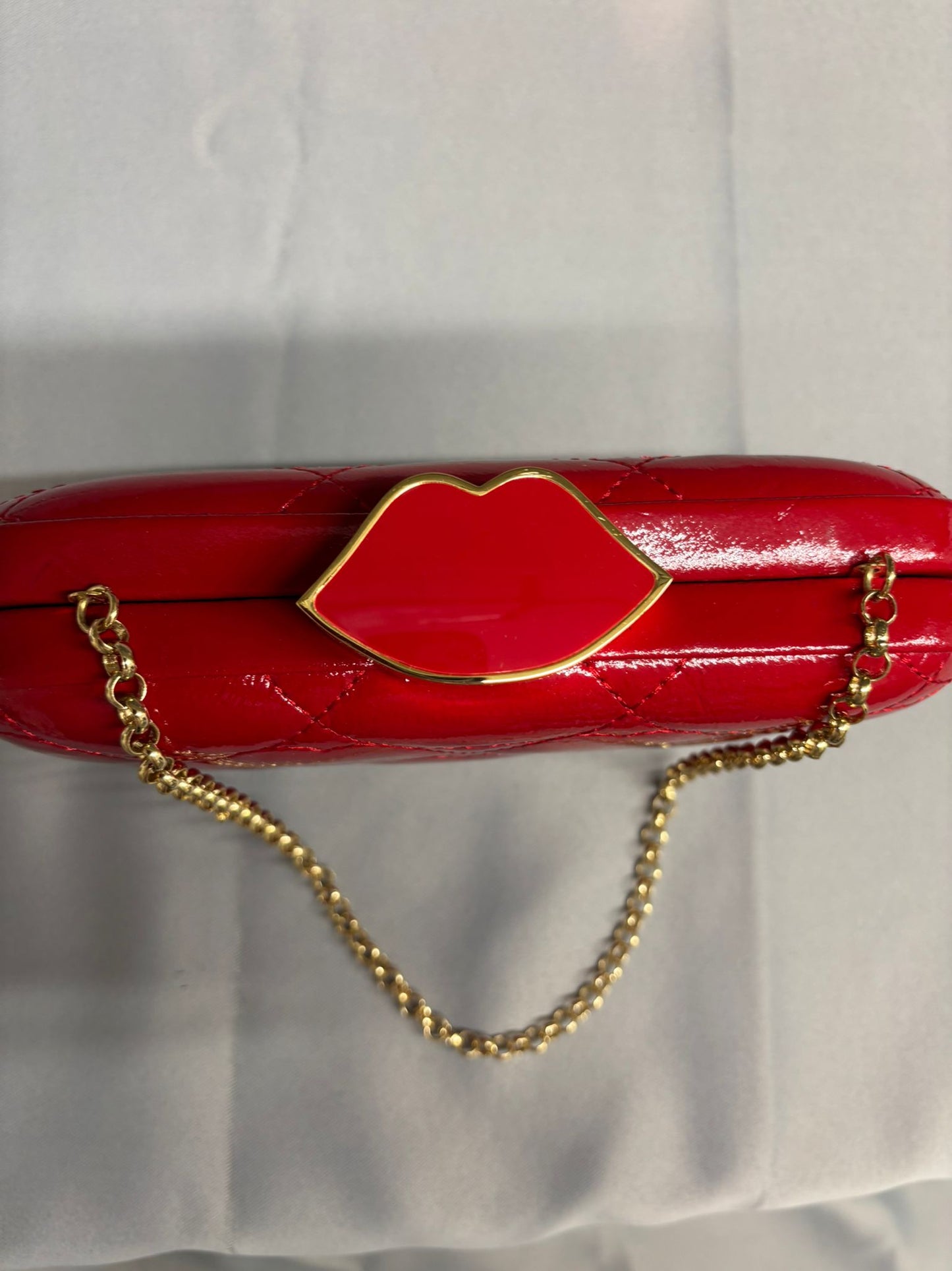 Lulu Guinness Red Fifi Clutch Gold Metalwork Dustbag