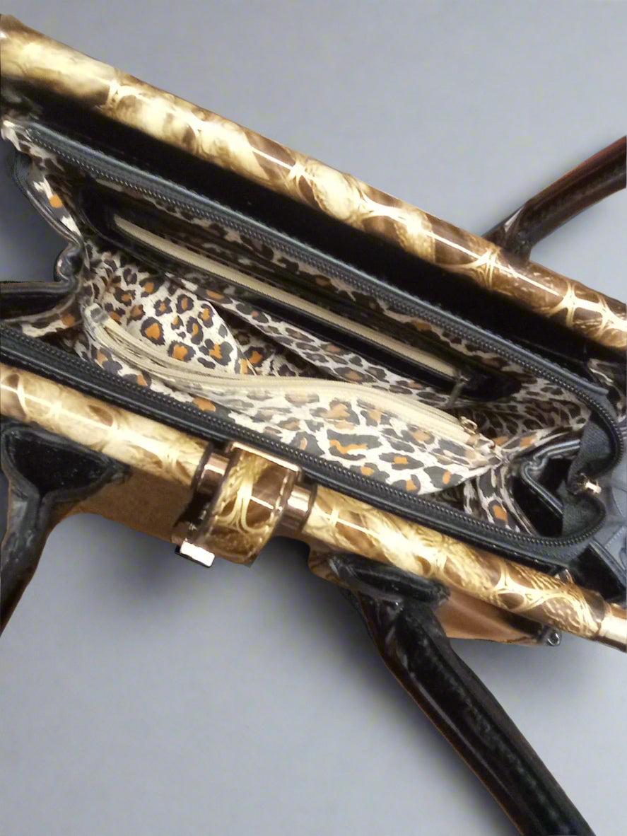 Moda Black Patent Handbag Gold Hardware Double Handle Animal Print