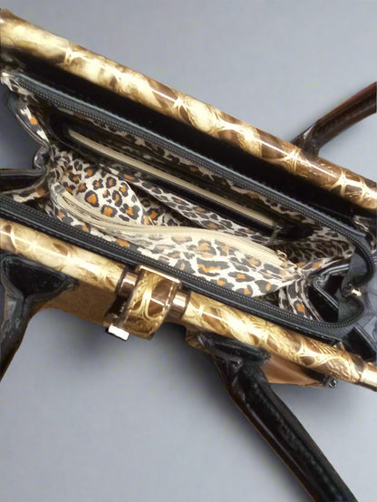 Moda Black Patent Handbag Gold Hardware Double Handle Animal Print