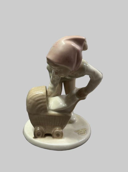 Porcelain Young Lady Woman Mother Baby Cart Sleep Girl Doll Pram Child Figurine