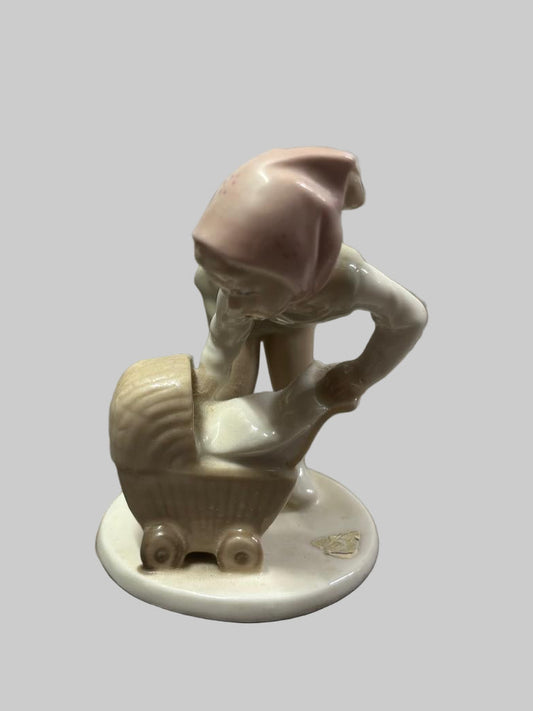 Porcelain Young Lady Woman Mother Baby Cart Sleep Girl Doll Pram Child Figurine