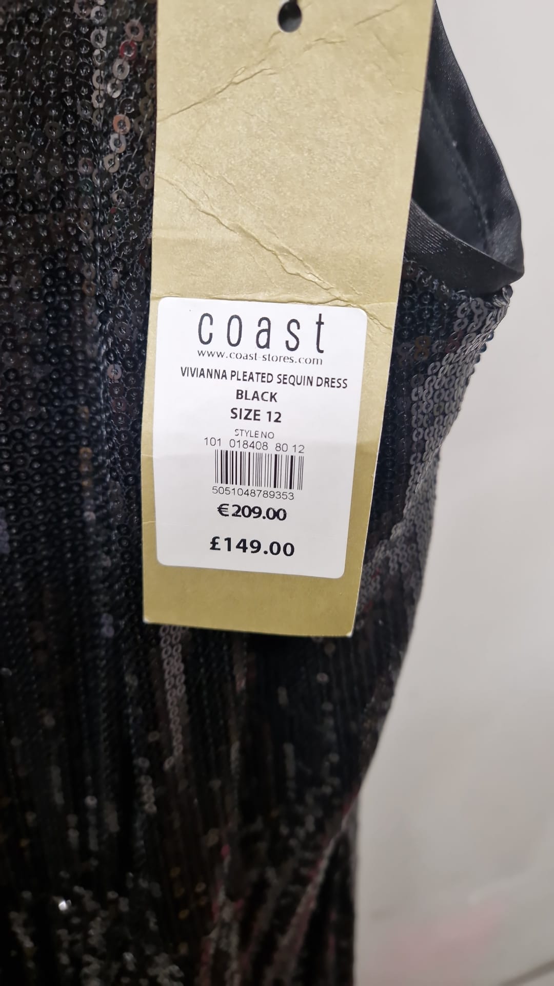 Coast vivianna pleated sequin dress, black, size 12 BNWT