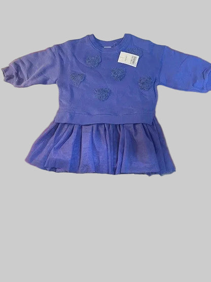 Age 2-3 Year Old Girl Blue - Long Sleeve Tulle Skirt Dress - Pretty Heart Embellishment - New - BNWT