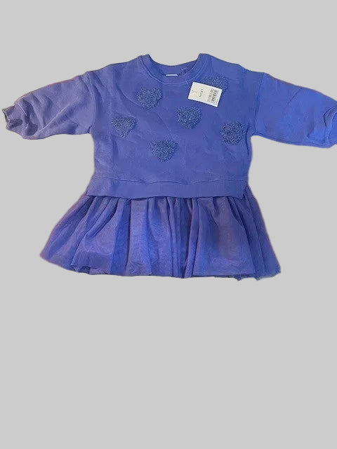 Age 2-3 Year Old Girl Blue - Long Sleeve Tulle Skirt Dress - Pretty Heart Embellishment - New - BNWT