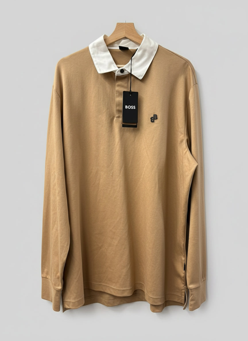 BNWT Hugo Boss Mercerized Oversized Fit Beige & White Long-Sleeve Size XL