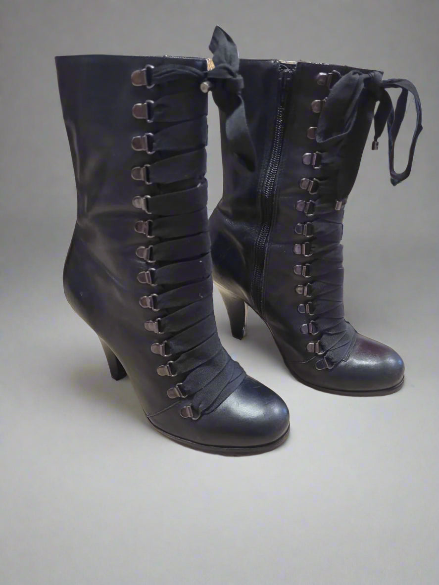 Kurt Geiger Lace Up Vintage Style Heeled Black Leather Boots EUR 37