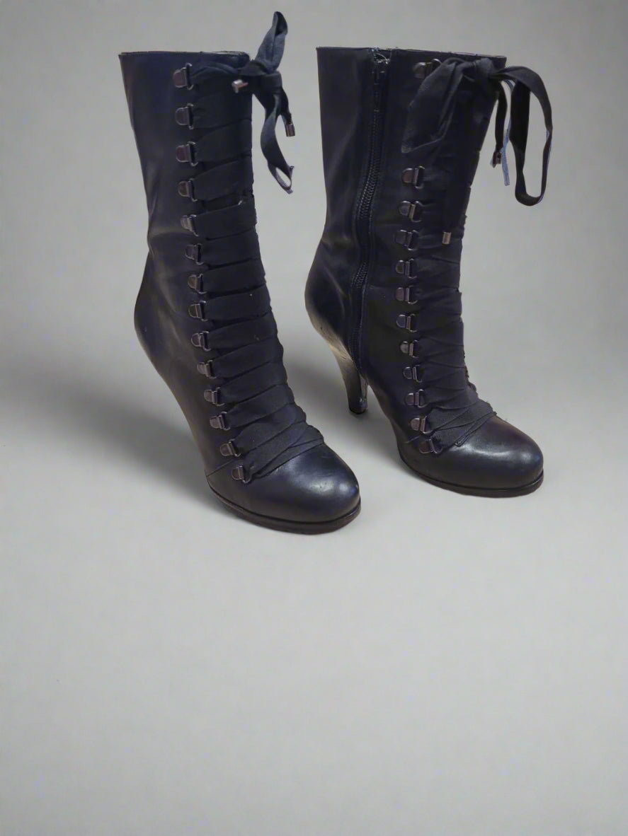 Kurt Geiger Lace Up Vintage Style Heeled Black Leather Boots EUR 37