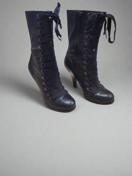 Kurt Geiger Lace Up Vintage Style Heeled Black Leather Boots EUR 37