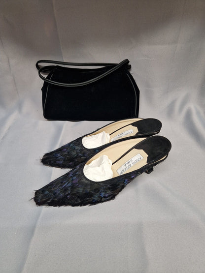 Joseph Azagury London Feathered Slip-On Heels & Matching Feathered Bag - Wedding Guest Party Set - GOOD USED CONDITION