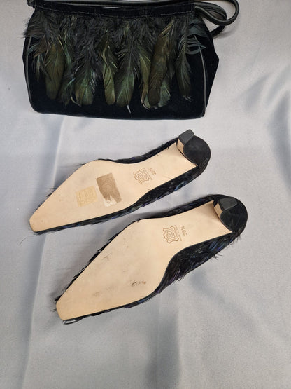 Joseph Azagury London Feathered Slip-On Heels & Matching Feathered Bag - Wedding Guest Party Set - GOOD USED CONDITION