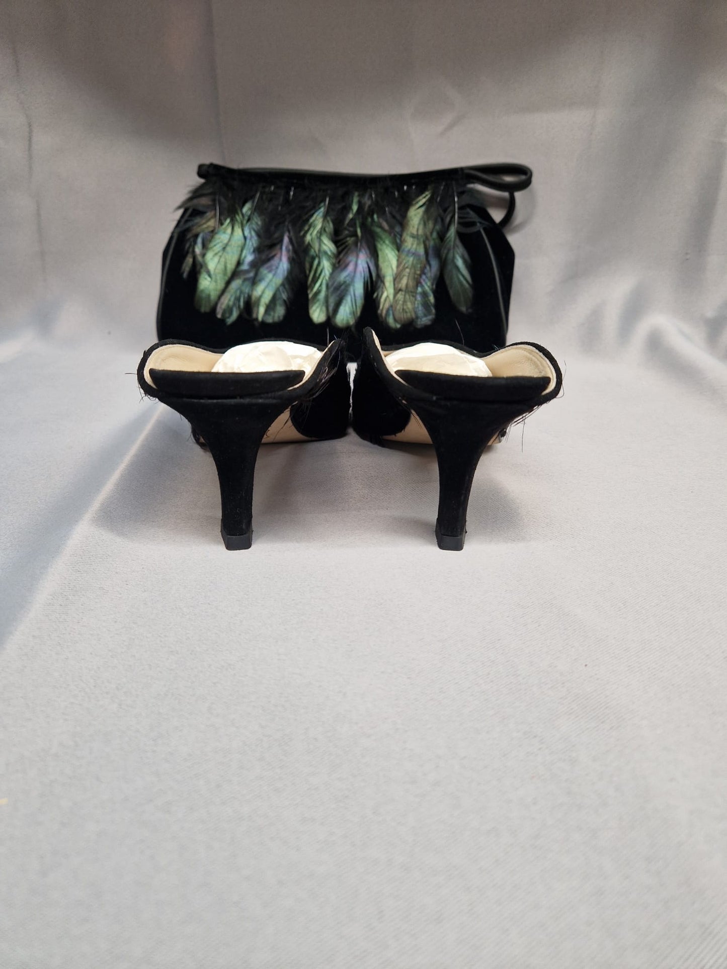 Joseph Azagury London Feathered Slip-On Heels & Matching Feathered Bag - Wedding Guest Party Set - GOOD USED CONDITION