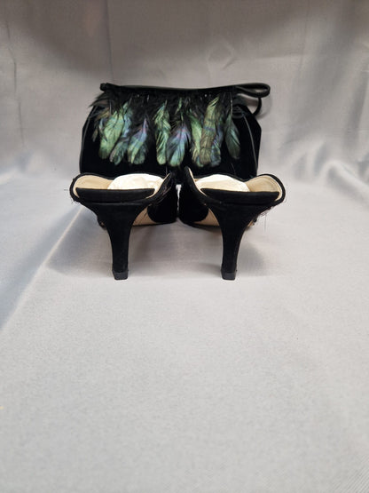 Joseph Azagury London Feathered Slip-On Heels & Matching Feathered Bag - Wedding Guest Party Set - GOOD USED CONDITION