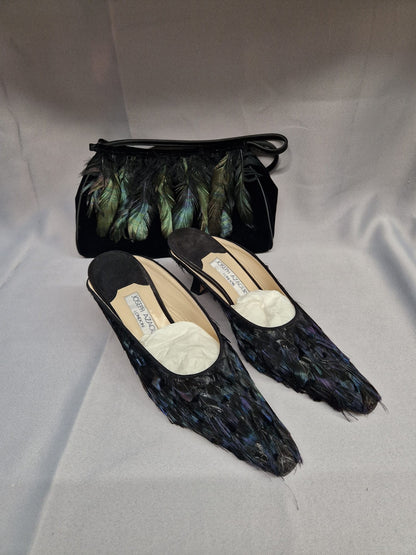 Joseph Azagury London Feathered Slip-On Heels & Matching Feathered Bag - Wedding Guest Party Set - GOOD USED CONDITION