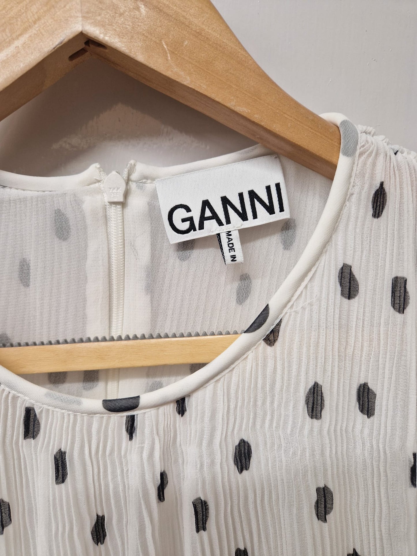 GANNI White & Black Polka-dot Ruffled Midi Dress UK 8 EU 36 Tiered Frill Pleated - GOOD USED CONDITION
