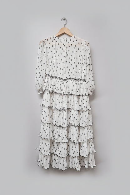 GANNI White & Black Polka-dot Ruffled Midi Dress UK 8 EU 36 Tiered Frill Pleated - GOOD USED CONDITION