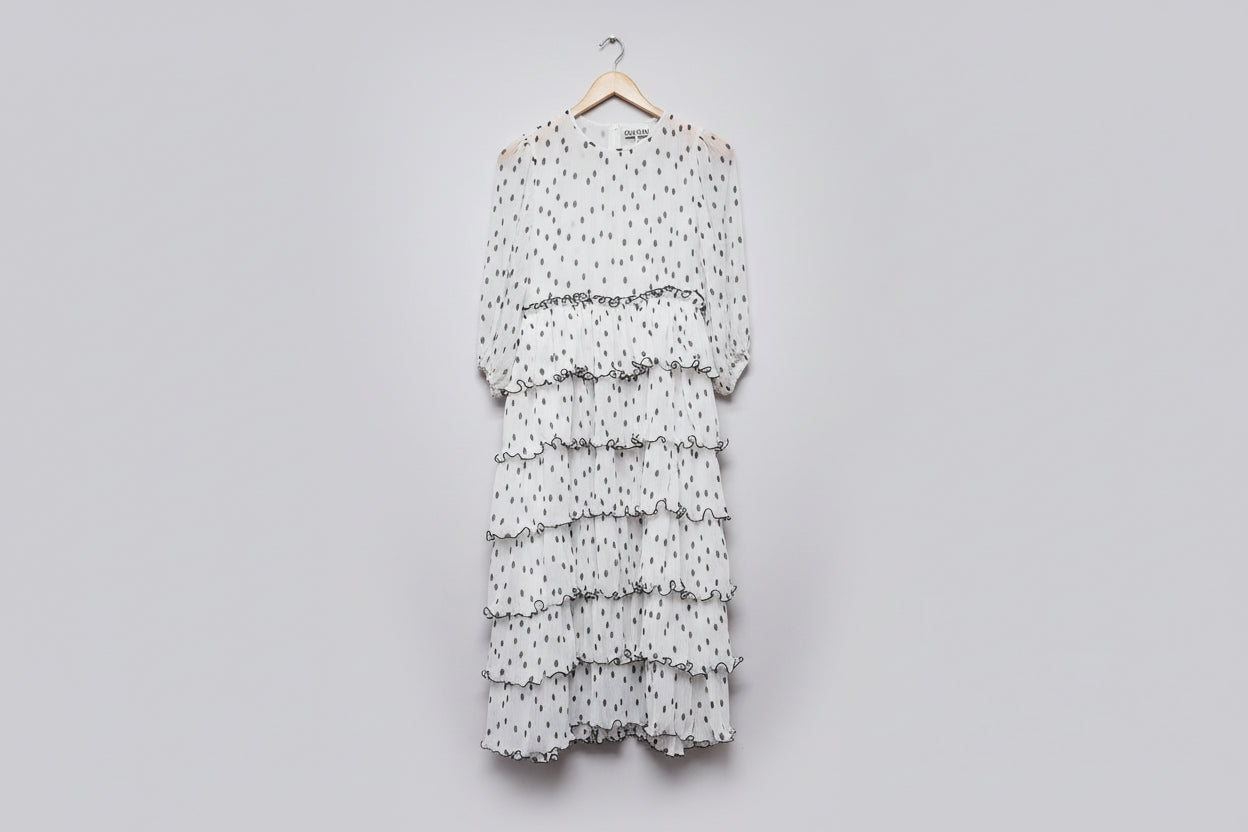 GANNI White & Black Polka-dot Ruffled Midi Dress UK 8 EU 36 Tiered Frill Pleated - GOOD USED CONDITION