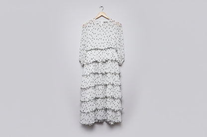 GANNI White & Black Polka-dot Ruffled Midi Dress UK 8 EU 36 Tiered Frill Pleated - GOOD USED CONDITION