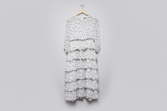 GANNI White & Black Polka-dot Ruffled Midi Dress UK 8 EU 36 Tiered Frill Pleated - GOOD USED CONDITION