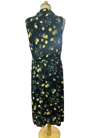 Hobbs Blue & Yellow Lemon Print Dress UK 14 EU 42 - Button Front - Waist-Tie - Shirt Midi