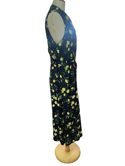 Hobbs Blue & Yellow Lemon Print Dress UK 14 EU 42 - Button Front - Waist-Tie - Shirt Midi