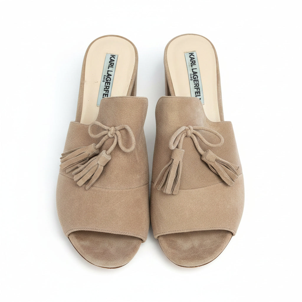 Karl Largerfeld Paris beige suede tassel mule sandals features a comfortable block heel and a stylish peep toe design pre loved size 10