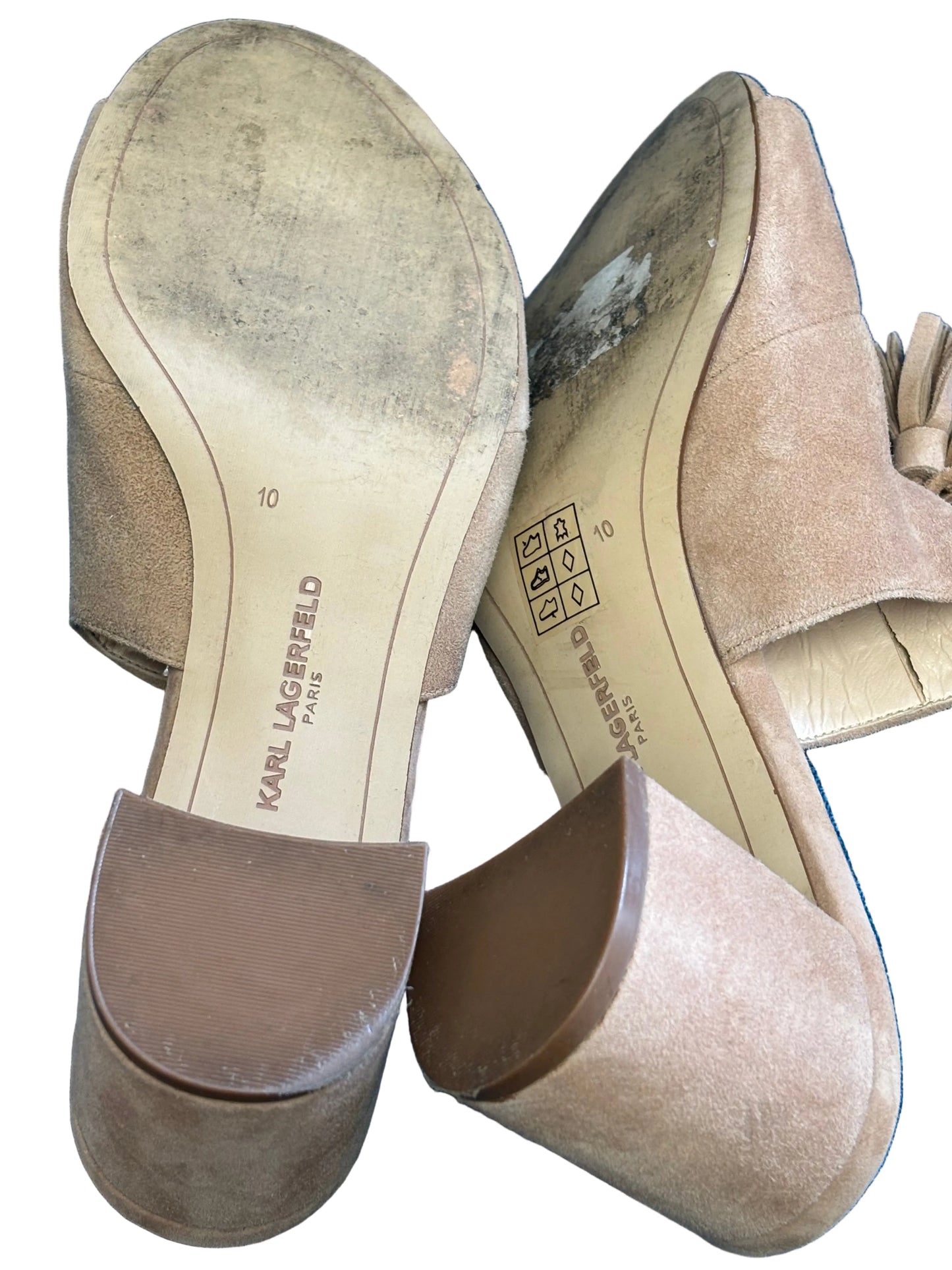 Karl Largerfeld Paris beige suede tassel mule sandals features a comfortable block heel and a stylish peep toe design pre loved size 10