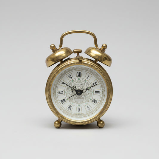 Vintage Salvest alarm clock with ornate metalwork, traditional double bells brass coloured 10cm used