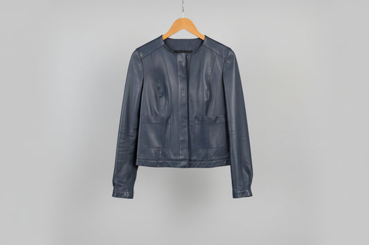 Massimo Dutti Leather Collarless Jacket - Size Small UK 8 10 EU 36 38  - Black Leather - Biker