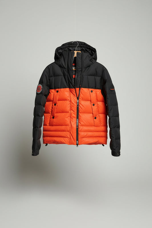 Mens Superdry Super Canadian Ski Down Puffer Jacket in black & Orange size M preloved