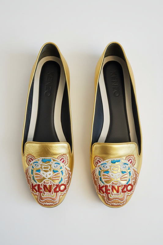 KENZO Ladies Gold Pumps with Tiger Embroidery Size 36 - GOOD USED CONDITION