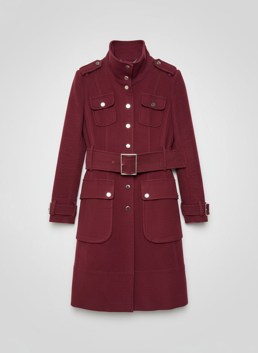 KAREN MILLEN - Burgundy Size 12 Belted Funnel Neck Trench Coat