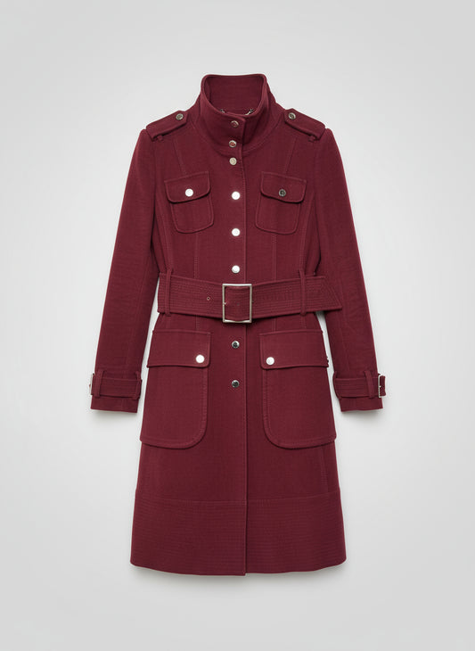 KAREN MILLEN - Burgundy Size 12 Belted Funnel Neck Trench Coat