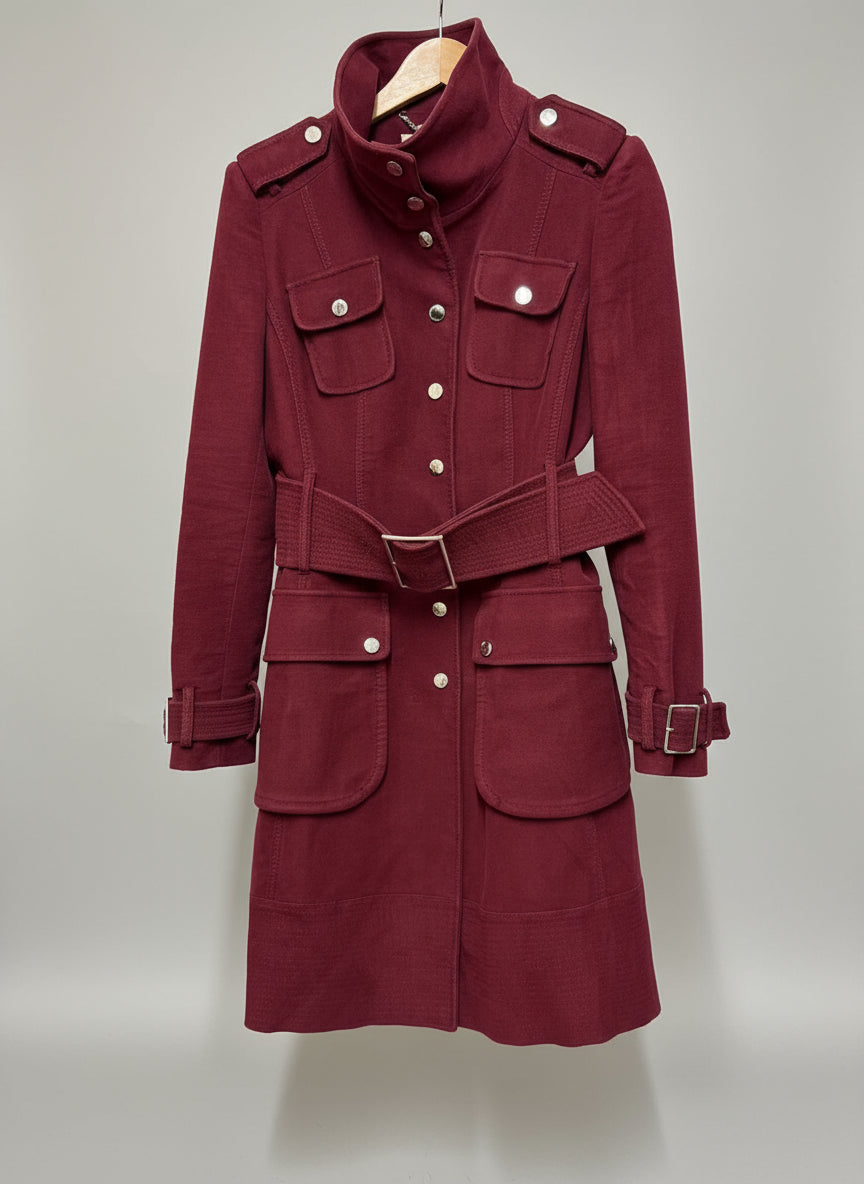 KAREN MILLEN - Burgundy Size 12 Belted Funnel Neck Trench Coat