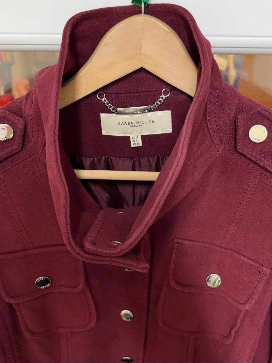 KAREN MILLEN - Burgundy Size 12 Belted Funnel Neck Trench Coat