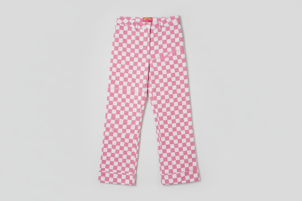 Kitri X Jessie Bush White & Pink Checked Trousers UK10 US6 - 98% Cotton 2% Elastane - Good Used Condition