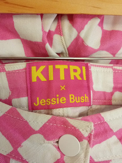Kitri X Jessie Bush White & Pink Checked Trousers UK10 US6 - 98% Cotton 2% Elastane - Good Used Condition